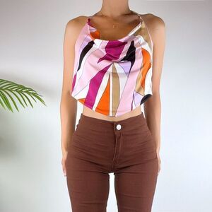 Vintage Y2K Colorful Hippie Boho Strappy Cowl Halter Crop Top / Size: Large